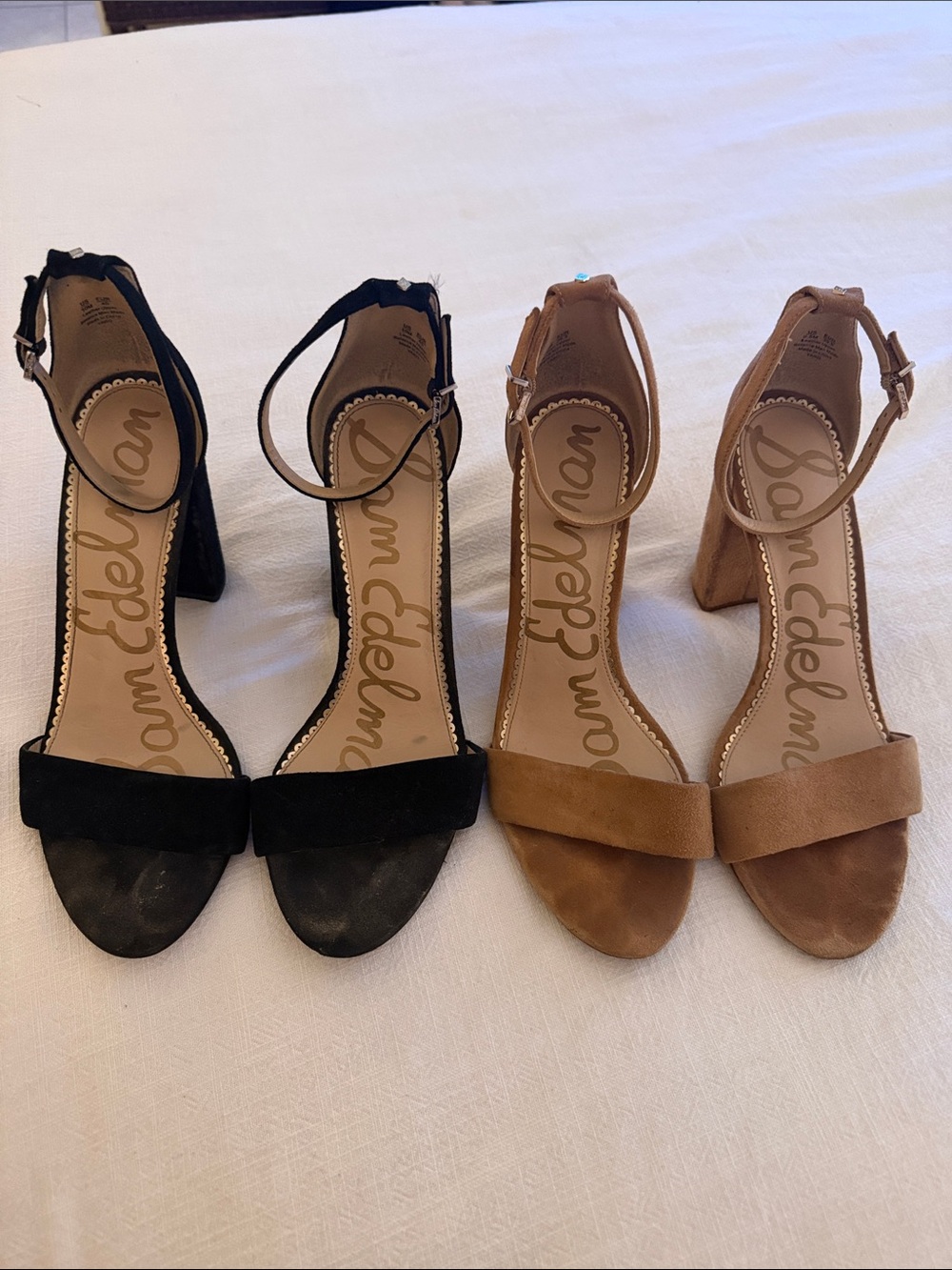 Sam Edelman Black and Tan Suede Ankle-Strap Block Heels